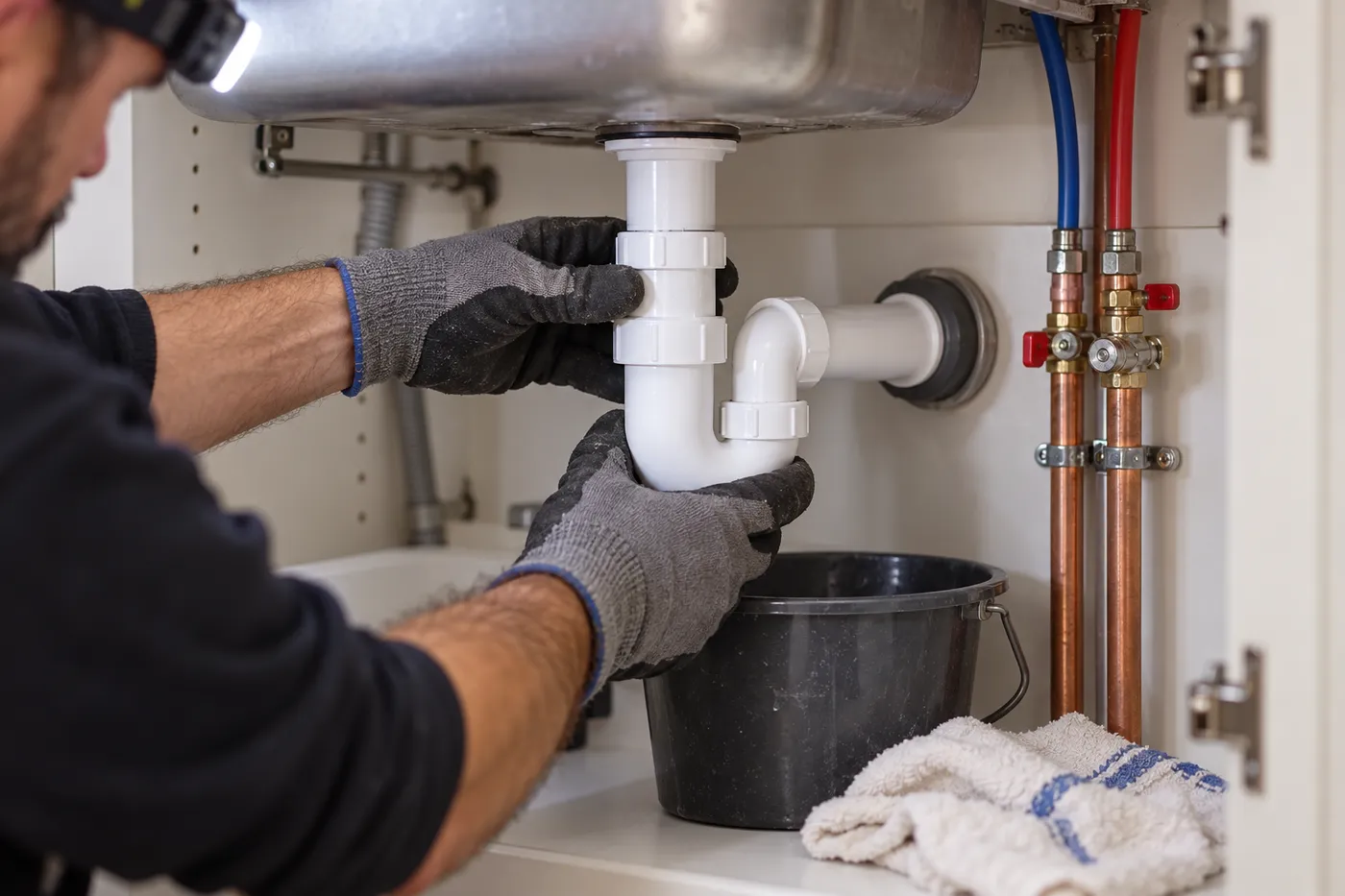 Remplacement d'un siphon d'évier en PVC sous un meuble de cuisine, robinets d'arrêt et tuyaux PER