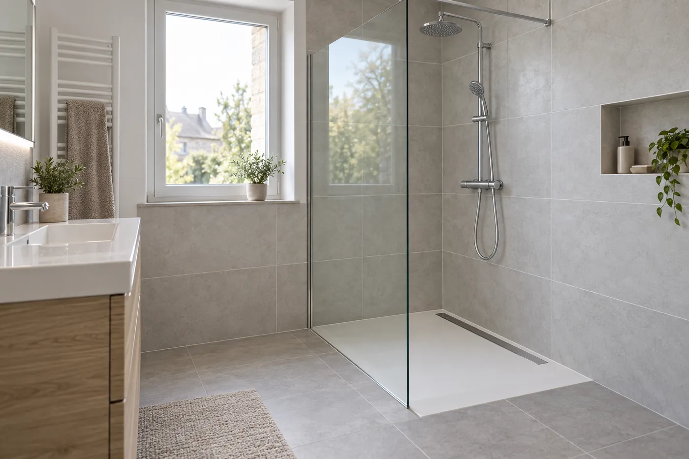 Douche à l'italienne terminée avec receveur extra-plat, caniveau inox, paroi vitrée et colonne de douche