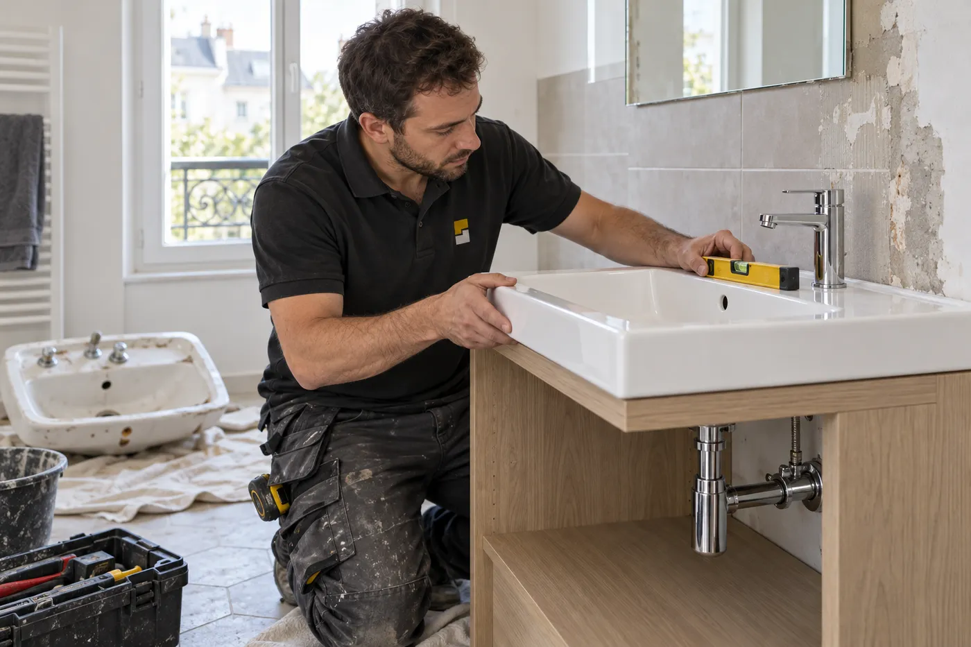 Pose d'une vasque neuve lors d'un remplacement de sanitaires à Pontoise