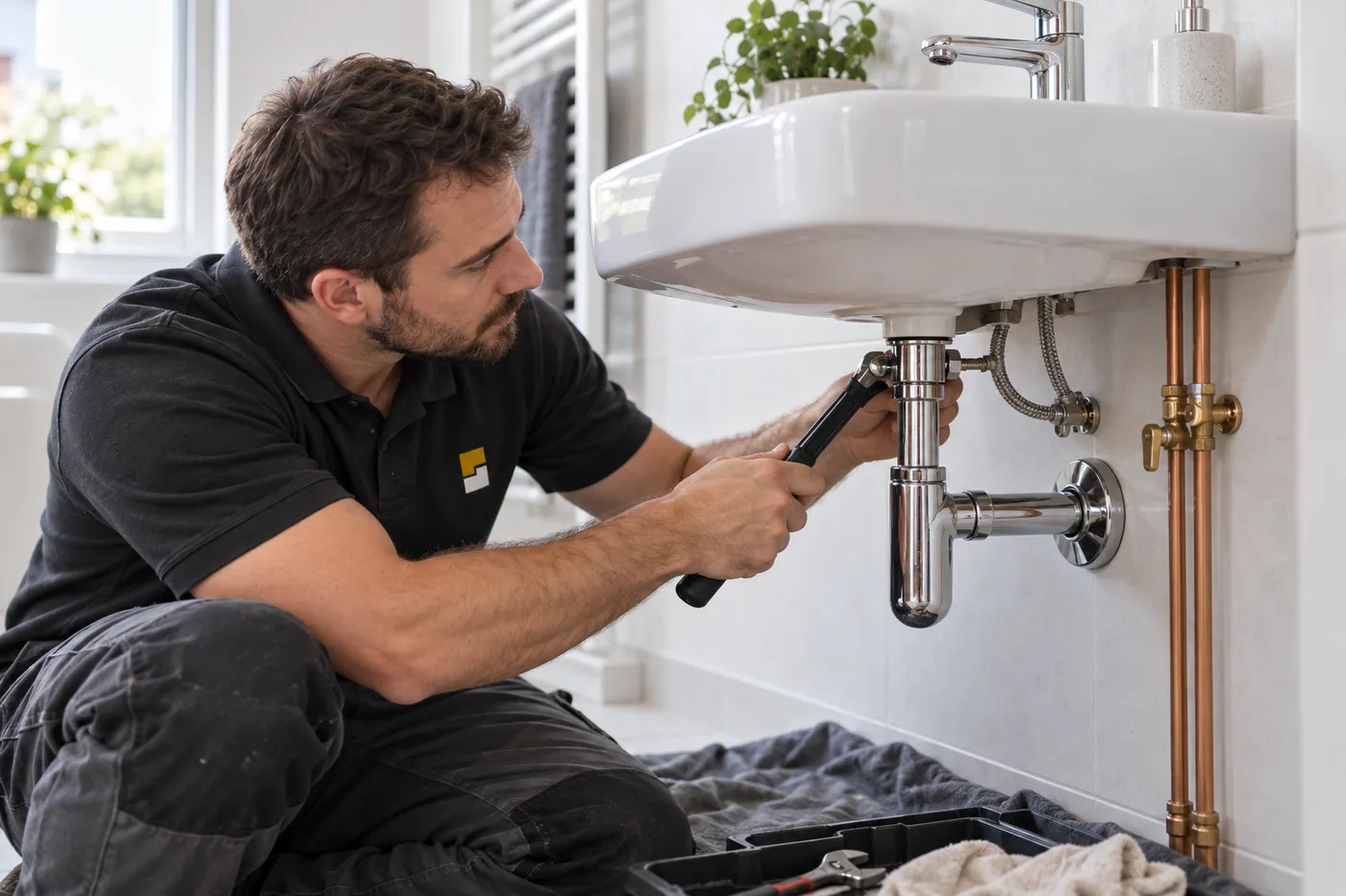 Plombier Peg Comptoir serrant les flexibles d'un mitigeur neuf sous un lavabo à Pontoise